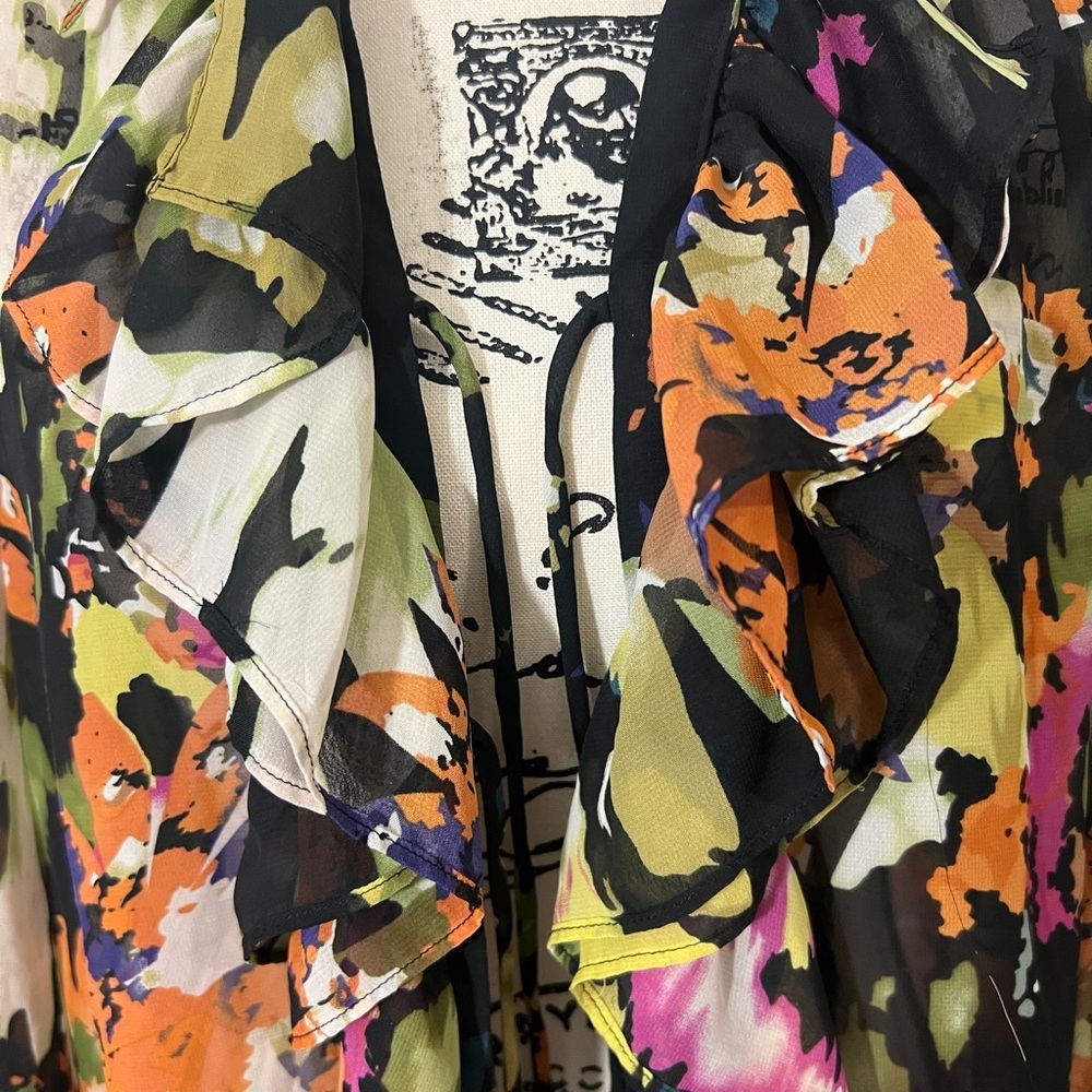 Cabi Top multicolor black floral cascade ruffle tie-front semi-sheer blouse - Picture 6 of 9